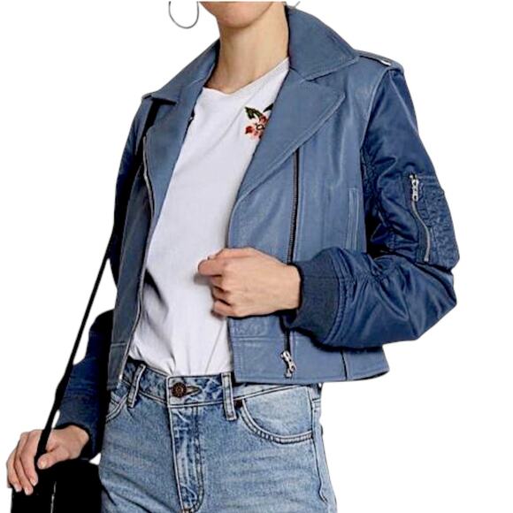 Sandro Blue Leather Jacket | Size 2 - Picture 11 of 15